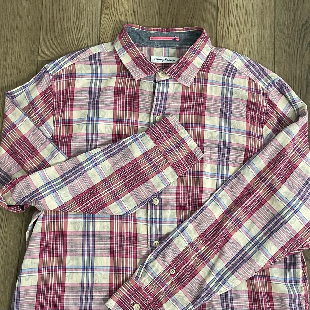 Tommy Bahama Plaid Long Sleeve Floral Shirt Plaid Collard Camp Mens Large - Picture 3 of 14
